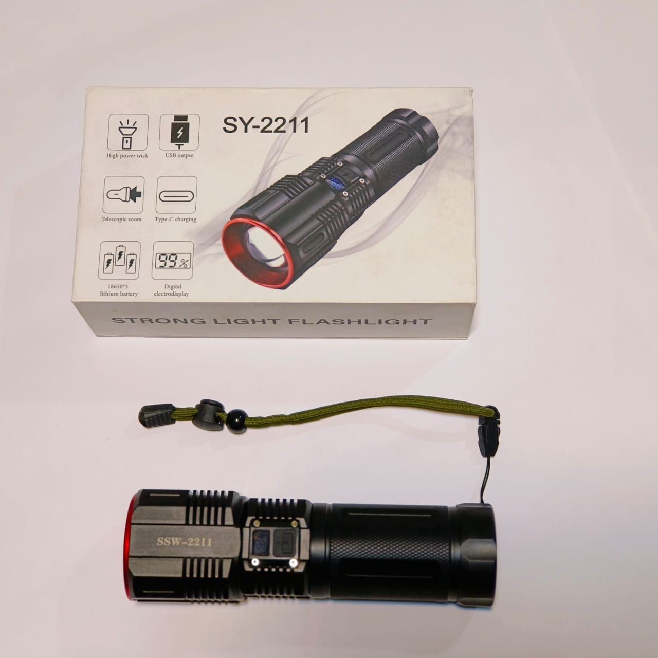 3-KM Range SY-2211 Hand Torch Light LED - Battery Power Bank, Powerful Torch ( Random Color )
